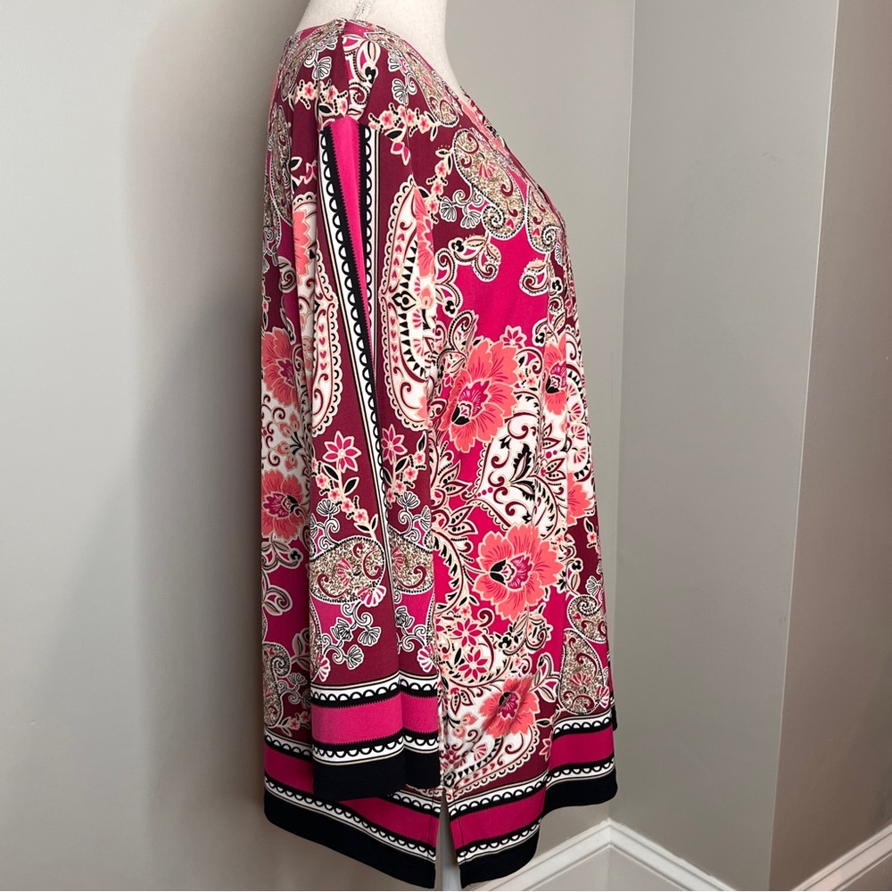 JM Collection Woman Pink Burgundy Sequin Paisley Floral Print Tunic Top Size 1X - Picture 4 of 11